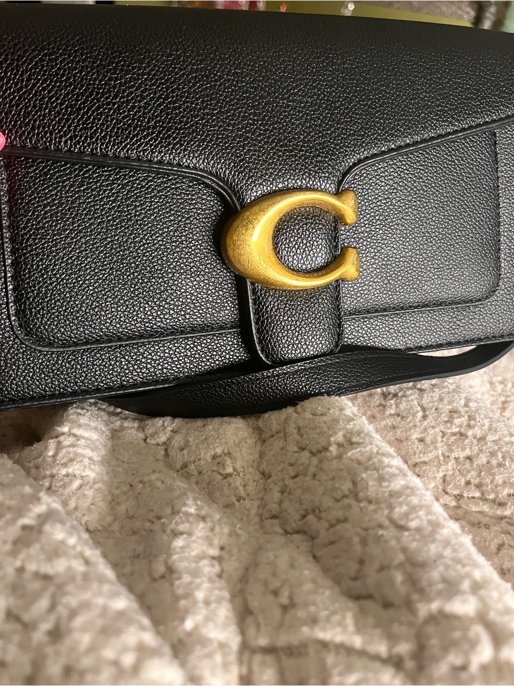 Black Leather Shoulder Bag with Gold C-Clasp